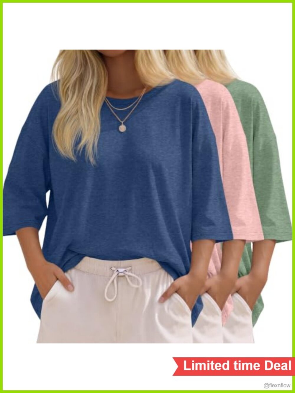 3 Pack Women's 3/4 Sleeve Oversized Cotton Tops Crewneck Relaxed Fit